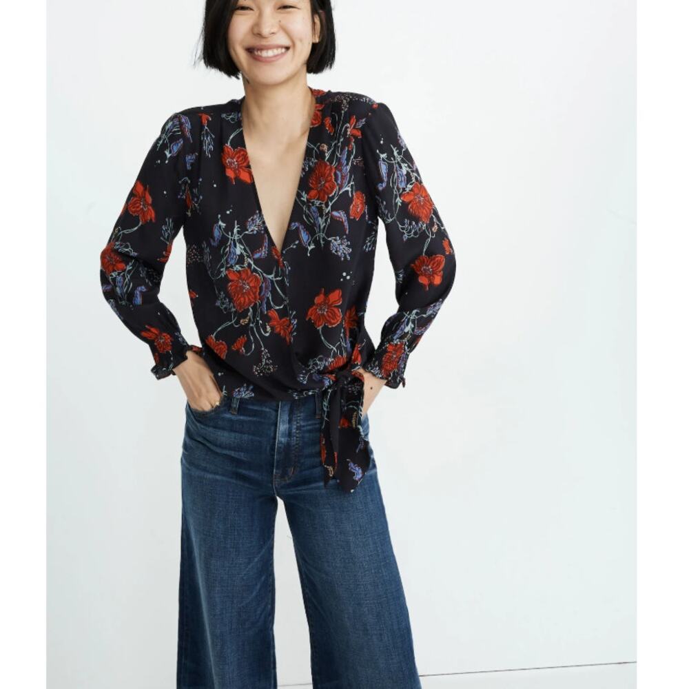 New MADEWELL Women's Loose Bouquet Night Vision Smocked Sleeve Wrap Top Size XS